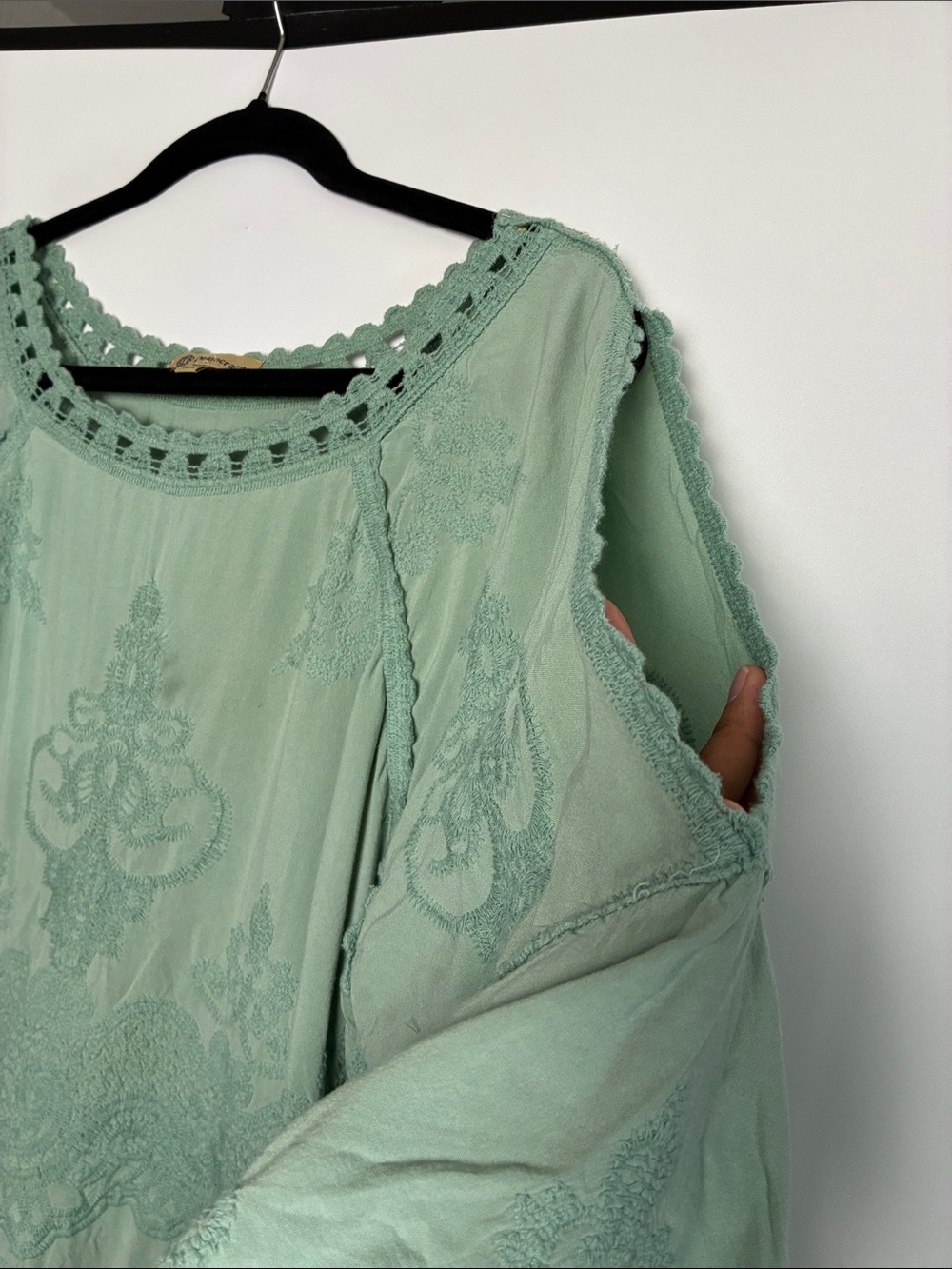 Democracy Sage Green Embroidered Crochet Peasant Blouse - Picture 6 of 9